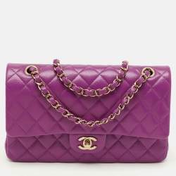 Pre Owned Chanel Classic Double Flap Medium Purple Quilted Caviar Leather Shoulder Bag