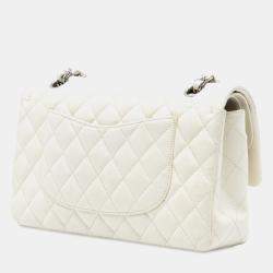 Pre Owned شانيل أبيض متوسط كلاسيكي كافيار رفرف مزدوج