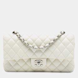 Pre Owned شانيل أبيض متوسط كلاسيكي كافيار رفرف مزدوج