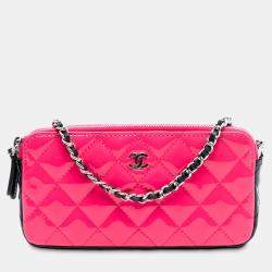 Pre Owned Chanel Black Pink Bicolor Patent Double Zip Wallet on Chain