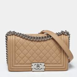Pre Owned Chanel Boy Medium Beige Quilted Caviar Leather Flap Bag