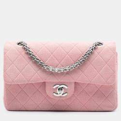 Pre Owned حقيبة شانيل صغيرة كلاسيكية بتصميم جيب مزدوج قماش جرسي وردي