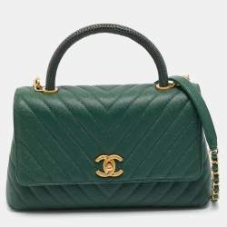 Pre Owned Chanel Coco Small Green Chevron Caviar Leather and Lizard Top Handle Bag