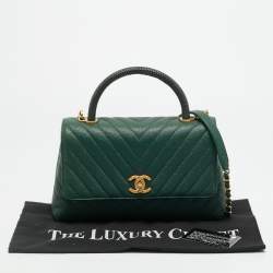 Pre Owned Chanel Coco Small Green Chevron Caviar Leather and Lizard Top Handle Bag