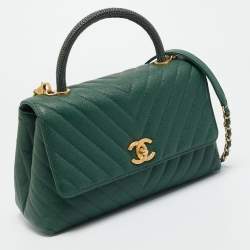 Pre Owned Chanel Coco Small Green Chevron Caviar Leather and Lizard Top Handle Bag