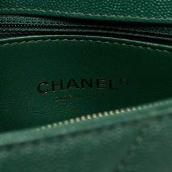 Pre Owned Chanel Coco Small Green Chevron Caviar Leather and Lizard Top Handle Bag