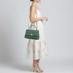 Pre Owned Chanel Coco Small Green Chevron Caviar Leather and Lizard Top Handle Bag