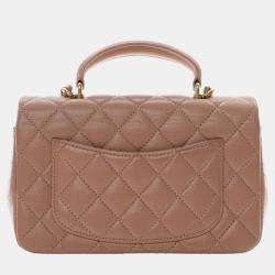 Pre Owned حقيبة شانيل كلاسيكية جلد خاروف بني مستطيلة صغيرة بمقبض علوي وغطاء