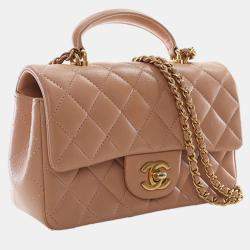 Pre Owned حقيبة شانيل كلاسيكية جلد خاروف بني مستطيلة صغيرة بمقبض علوي وغطاء