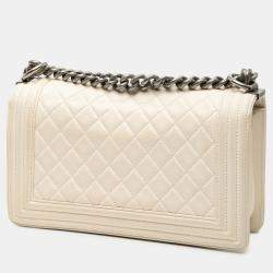 Pre Owned Chanel White Old Medium Quilted Caviar Boy Flap