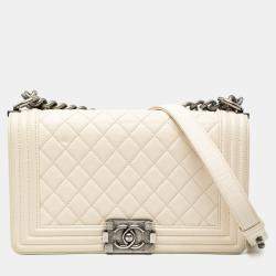 Pre Owned Chanel White Old Medium Quilted Caviar Boy Flap