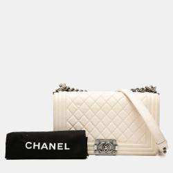Pre Owned Chanel White Old Medium Quilted Caviar Boy Flap