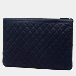 Pre Owned Chanel Blue Large Quilted Caviar Boy O Case Clutch