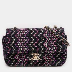 مملوكة مسبقًا حقيبة كتف شانيل قطن سوداء وردية صغيرة مستطيلة كلاسيكية غطاء واحد متعدد الألوان