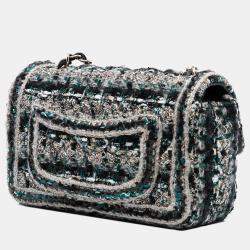 Pre Owned حقيبة شانيل شابك وحيد كلاسيكية مستطيلة صغيرة مصنوعة من قماش التويد مضفرة سوداء