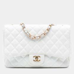 Pre Owned Chanel White Jumbo Classic Caviar Single Flap