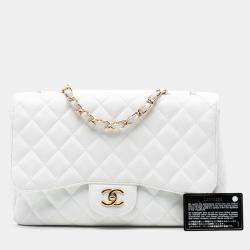 Pre Owned Chanel White Jumbo Classic Caviar Single Flap