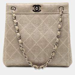 Pre Owned Chanel Brown Mini CC Stitched Linen Chain Tote