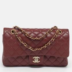 Pre Owned Chanel Classic Double Flap Medium Dark Red Quilted Caviar Leather Shoulder Bag