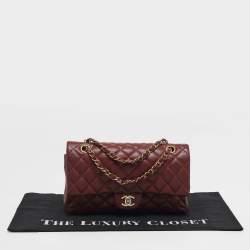 Pre Owned Chanel Classic Double Flap Medium Dark Red Quilted Caviar Leather Shoulder Bag