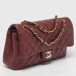 Pre Owned Chanel Classic Double Flap Medium Dark Red Quilted Caviar Leather Shoulder Bag