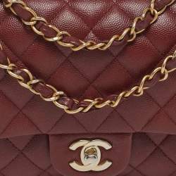 Pre Owned Chanel Classic Double Flap Medium Dark Red Quilted Caviar Leather Shoulder Bag