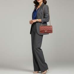 Pre Owned Chanel Classic Double Flap Medium Dark Red Quilted Caviar Leather Shoulder Bag