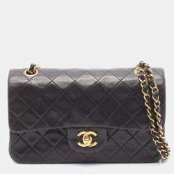 Pre Owned Chanel Matelasse Double Flap Shoulder Bag In Lambskin Leather Black