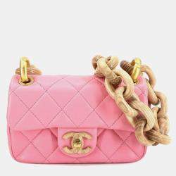 Pre Owned Chanel Mini Matelasse Shoulder Bag In Lambskin Wood With Pink