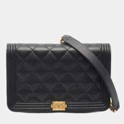 Pre Owned Chanel Boy Chanel Matelasse Shoulder Bag In Grained Calfskin Leather Black