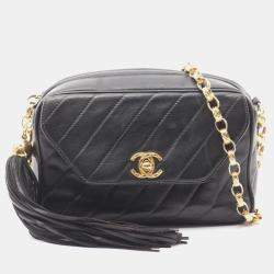 Pre Owned Chanel Coco Mark Bias Stitch Shoulder Bag In Lambskin Leather Black