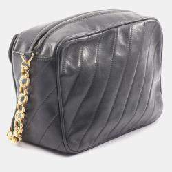 Pre Owned Chanel Coco Mark Bias Stitch Shoulder Bag In Lambskin Leather Black