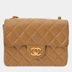 Pre Owned Chanel Matelasse Chain Shoulder Bag 18Cm Beige Lambskin