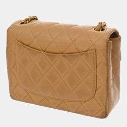 Pre Owned Chanel Matelasse Chain Shoulder Bag 18Cm Beige Lambskin