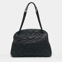 Pre Owned Chanel Just Mademoiselle Large Dark Green Quilted Iridescent Leather Bowling Bag