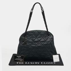 Pre Owned Chanel Just Mademoiselle Large Dark Green Quilted Iridescent Leather Bowling Bag