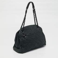 Pre Owned Chanel Just Mademoiselle Large Dark Green Quilted Iridescent Leather Bowling Bag