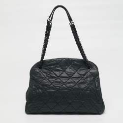 Pre Owned Chanel Just Mademoiselle Large Dark Green Quilted Iridescent Leather Bowling Bag