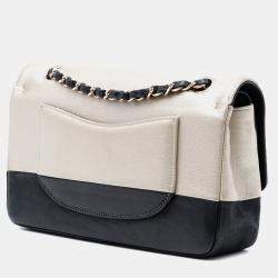 Pre Owned Chanel Black Silver Medium Classic Bicolor Caviar Double Flap