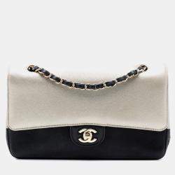 Pre Owned Chanel Black Silver Medium Classic Bicolor Caviar Double Flap