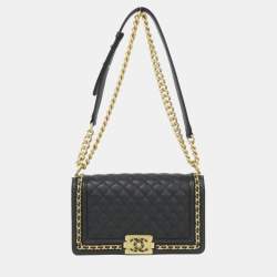 Pre Owned Chanel Boy Line Black Calf Leather Shoulder Bag