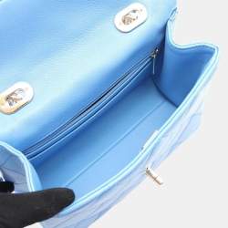 Pre Owned Chanel Matelasse Top Handle Shoulder Bag In Grained Calfskin Leather Blue