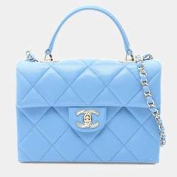 Pre Owned Chanel Matelasse Top Handle Shoulder Bag In Grained Calfskin Leather Blue