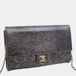 Pre Owned حقيبة كلاتش سلسلة شانيل فضي متشقق جلد العجل قارورة شانيل رمادي