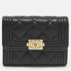 Pre Owned Chanel Boy Black Quilted Caviar Leather Flap Card Holder