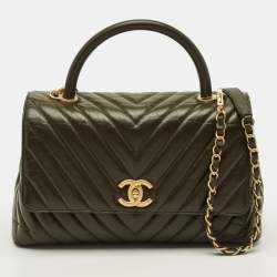 مملوكة مسبقًا Chanel Coco Small Olive Green Aged Lather Top Handle Bag