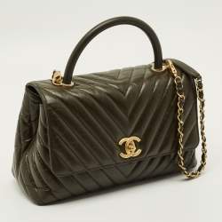 مملوكة مسبقًا Chanel Coco Small Olive Green Aged Lather Top Handle Bag