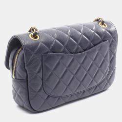 Pre Owned Chanel Matelasse Shoulder Bag In Grained Calfskin Leather Navy Blue