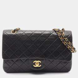Pre Owned Chanel Matelasse Double Flap Shoulder Bag In Lambskin Leather Black