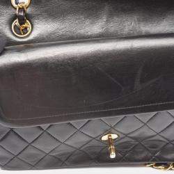 Pre Owned Chanel Matelasse Double Flap Shoulder Bag In Lambskin Leather Black